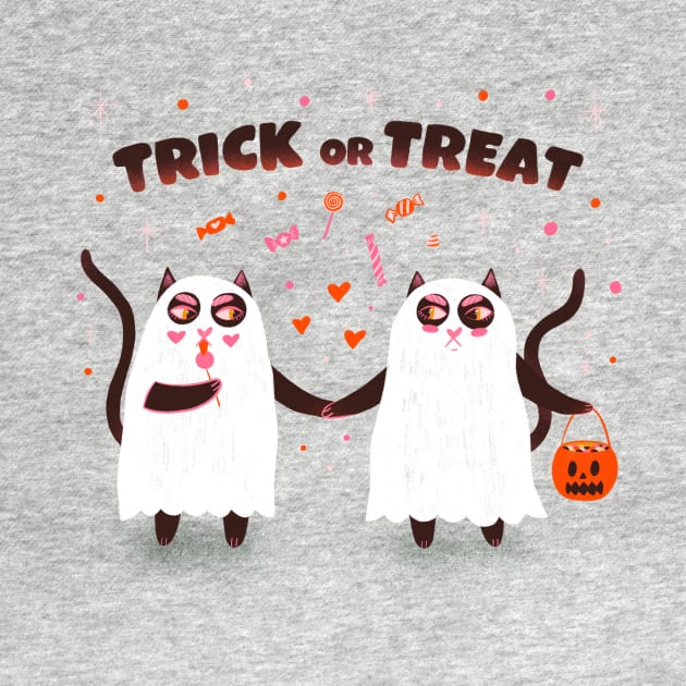 Trick or treat. Black ghost cats Halloween illustration by WeirdyTales